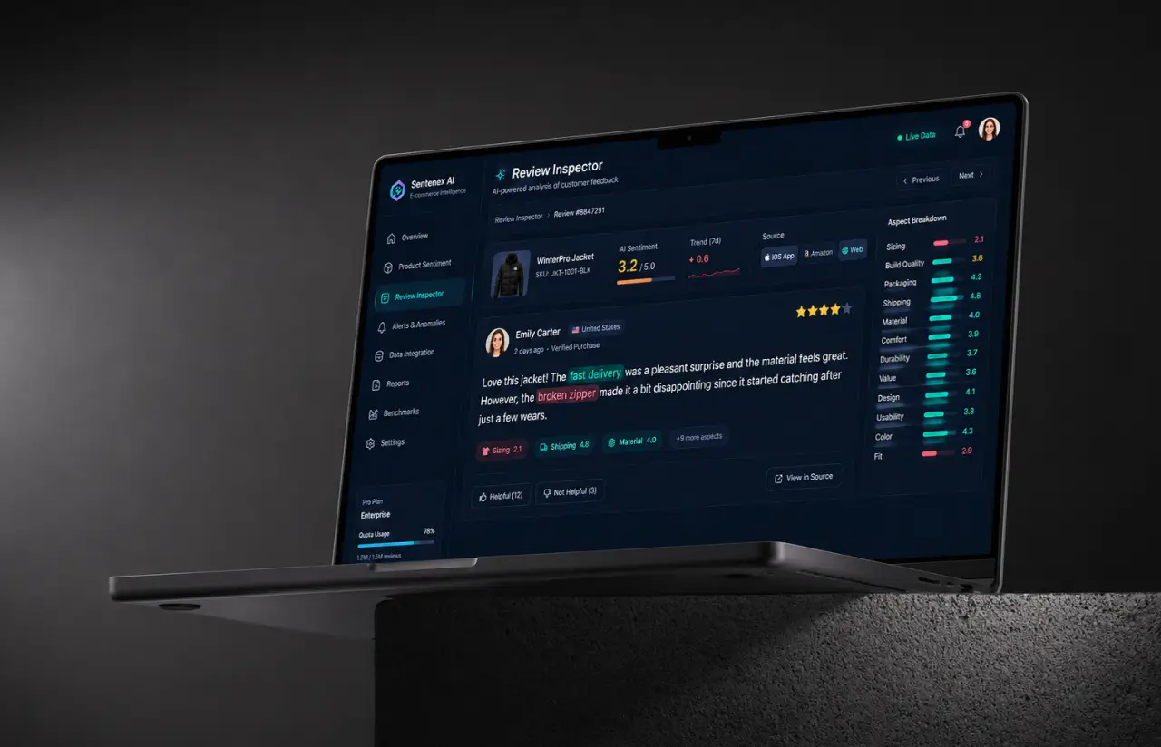 Laptop showing a single customer review in the Review Inspector with per-aspect scores for sizing, build quality, packaging, shipping and material