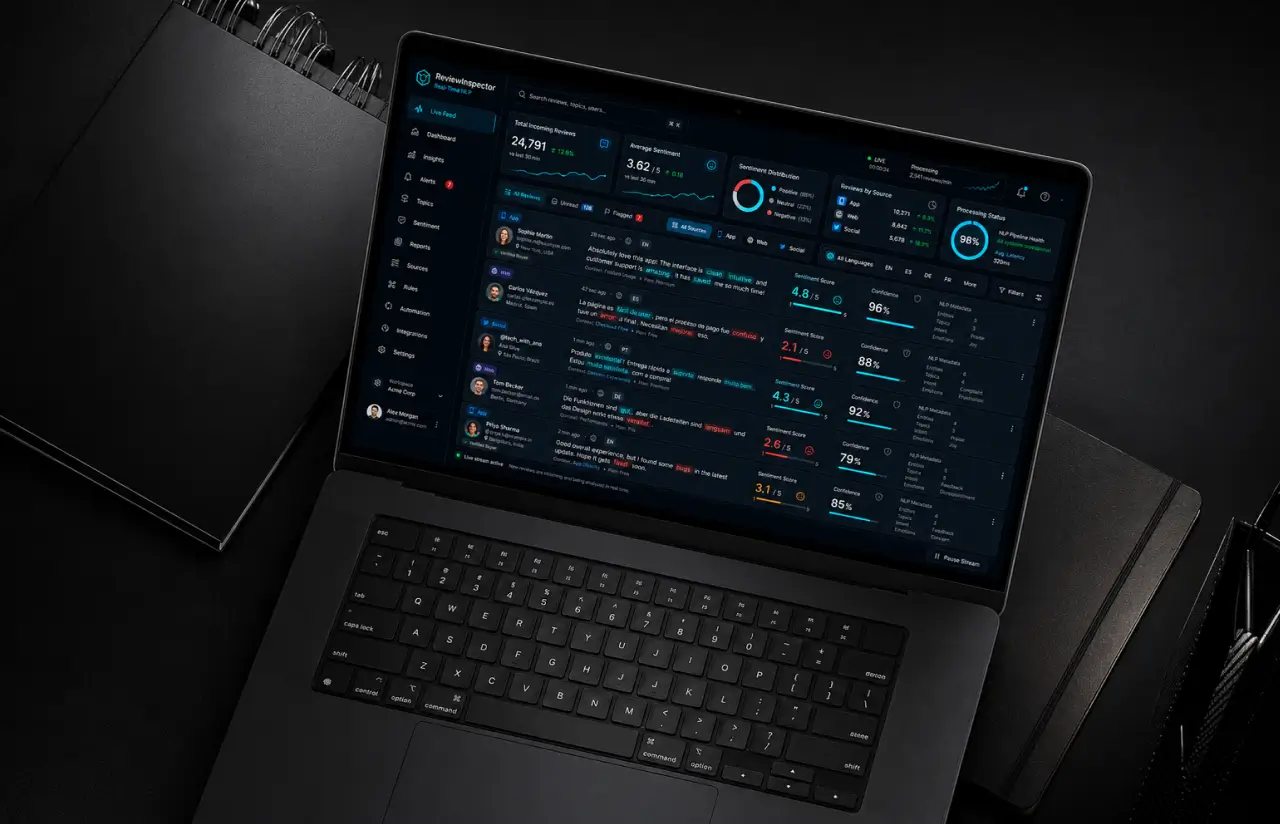 Laptop showing the Review Inspector live feed: 24,791 incoming reviews, average sentiment 3.62 out of 5, sentiment distribution, and per-review scores with confidence levels