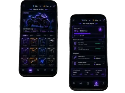 Two phones showing the game: the Garage with the equipped NIGHTSTORM X9 bike and a grid of NFT items, and the Rewards screen with a 150 of 300 $PRGC daily cap, earn events and token sinks