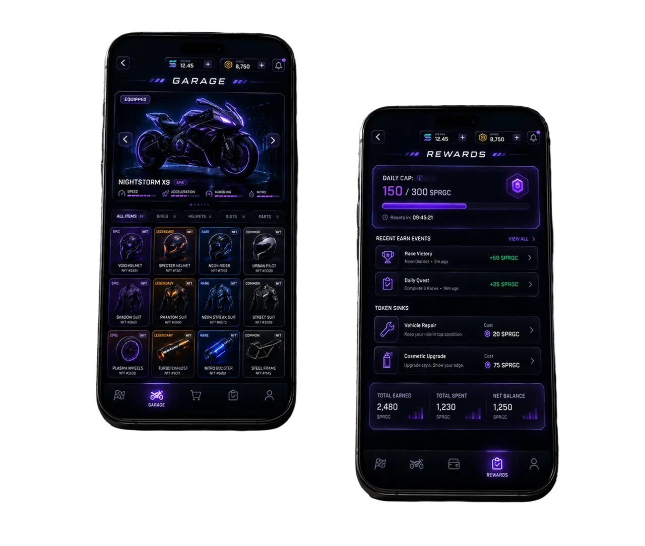 Two phones showing the game: the Garage with the equipped NIGHTSTORM X9 bike and a grid of NFT items, and the Rewards screen with a 150 of 300 $PRGC daily cap, earn events and token sinks