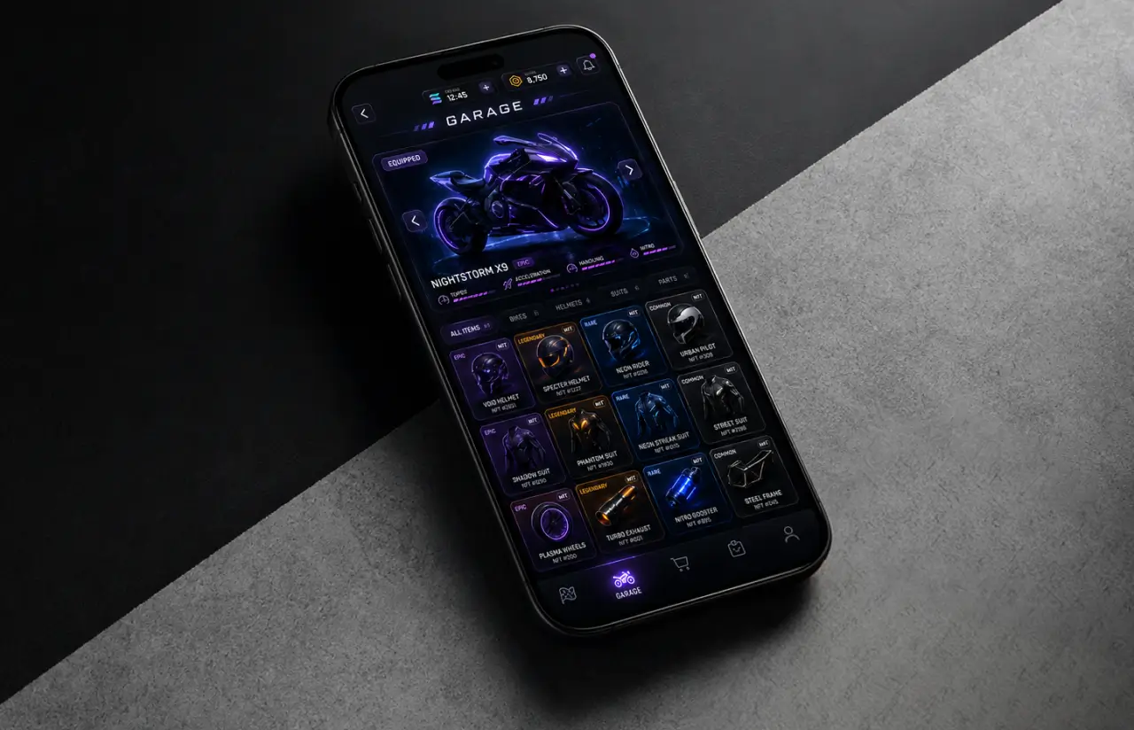 Phone showing the Garage screen with the equipped NIGHTSTORM X9 bike and a grid of NFT helmets, suits and parts sorted by rarity