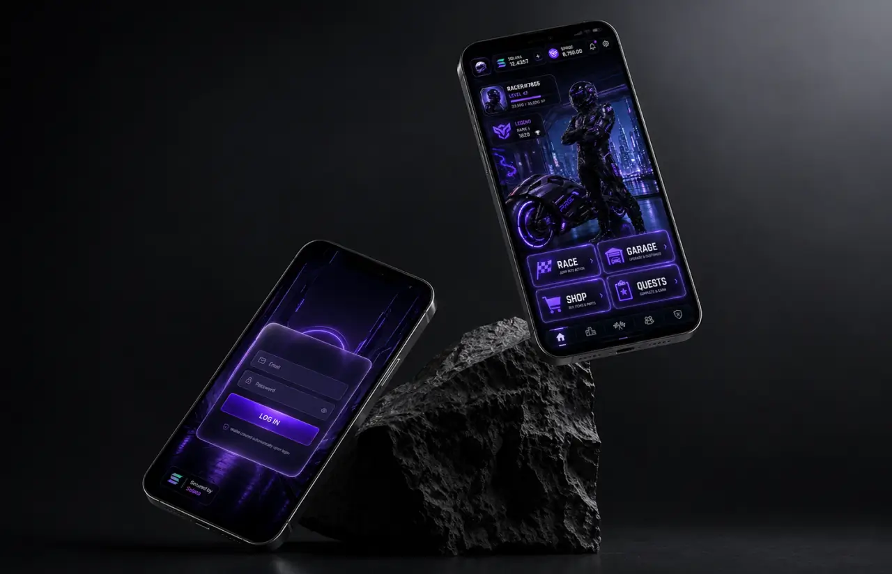 Two phones showing the email login screen with a note that a wallet is created automatically upon login, and the player hub with Race, Garage, Shop and Quests