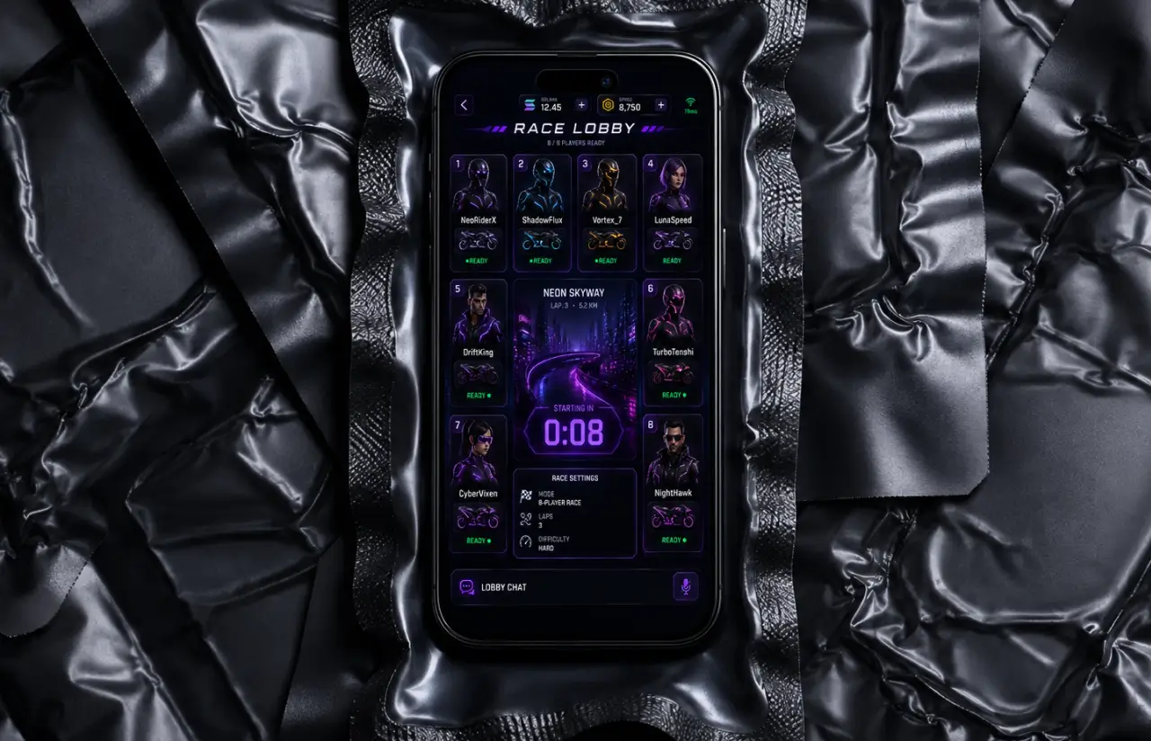 Phone showing the race lobby with eight players ready, the Neon Skyway track, a countdown and race settings