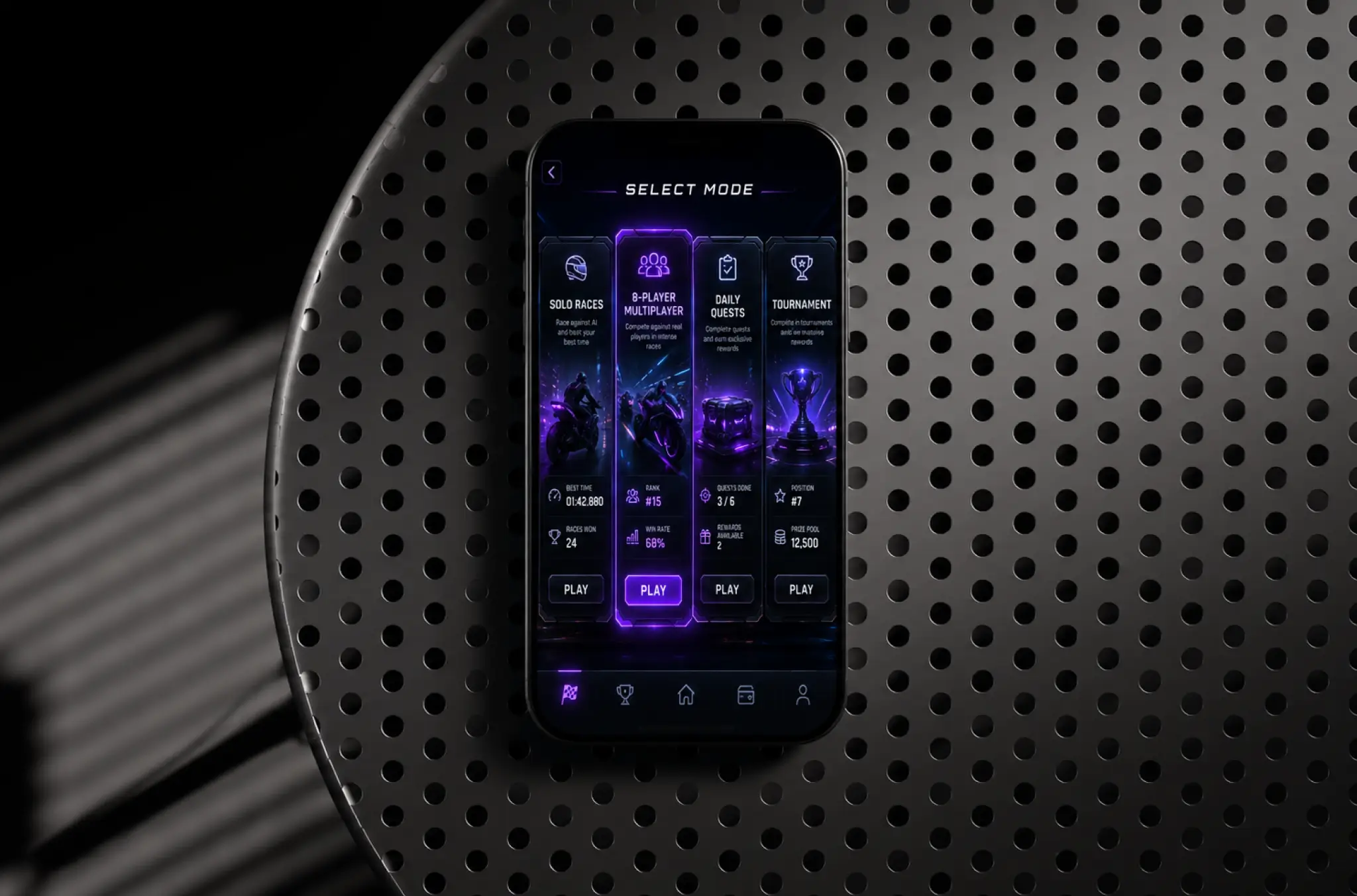 Phone showing the Select Mode screen: solo races, 8-player multiplayer, daily quests and tournament, each with the player's stats