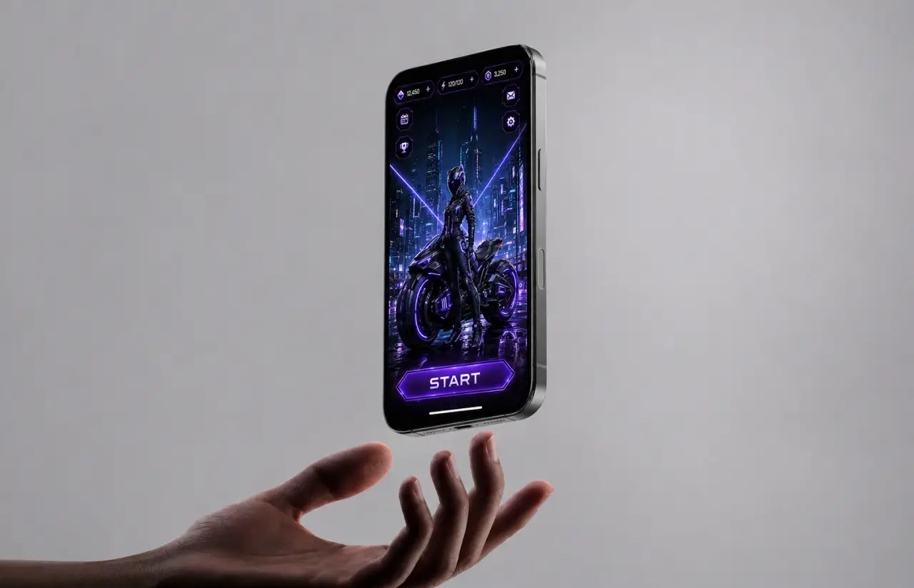 Phone held above a hand showing the game's start screen: a rider and bike in a neon city with a START button