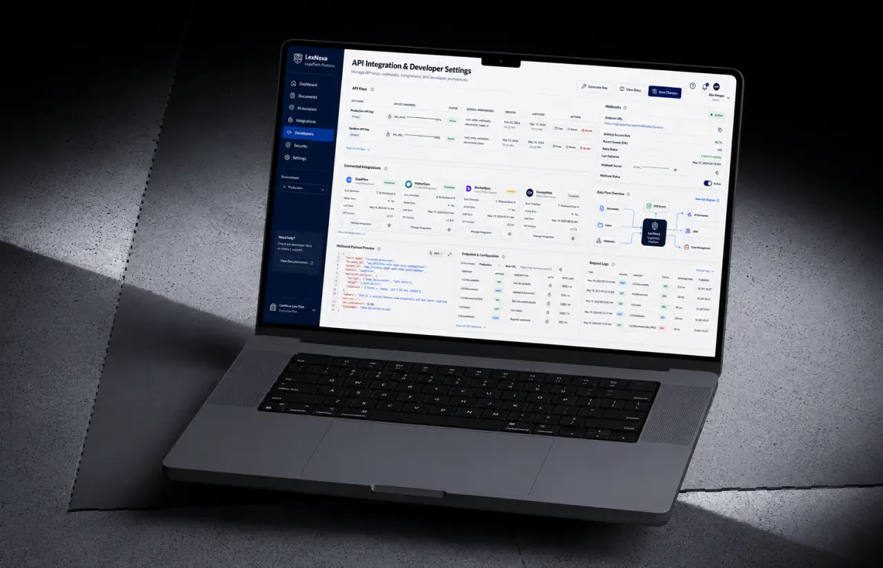 Laptop showing API integration settings: API keys, webhooks, connected integrations, endpoint configuration and request logs
