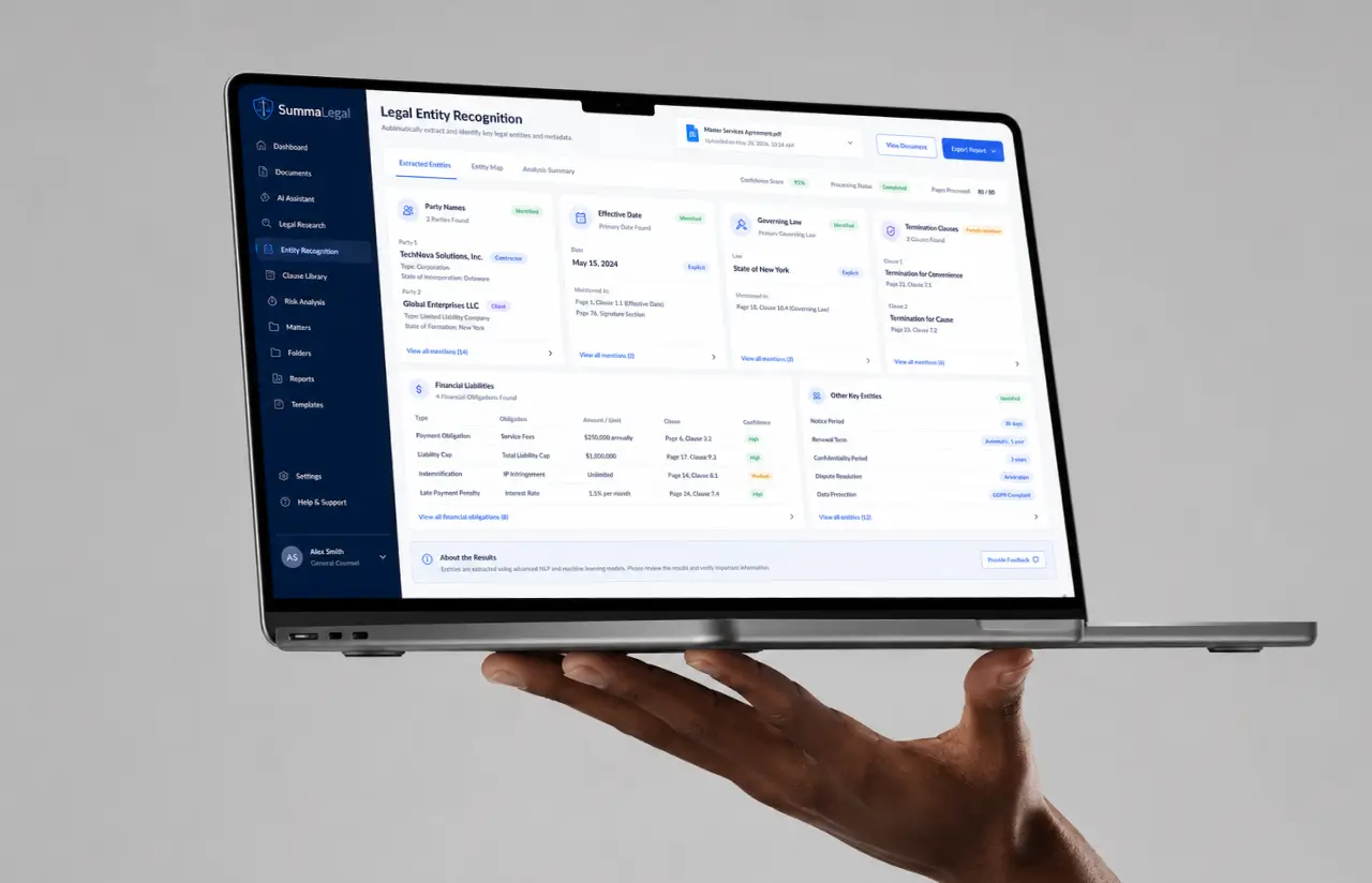 Laptop showing legal entity recognition: extracted party names, effective date, governing law, termination clauses and financial liabilities, each with page and clause references