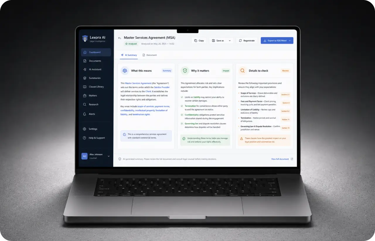 Laptop showing an AI summary of a Master Services Agreement in three sections: what this means, why it matters, and details to check with clause references