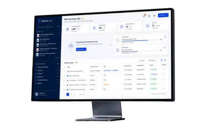 Monitor showing the SummaLegal dashboard: 1,248 total documents, 842 AI-processed, 23 pending review, a drag-and-drop upload area with OCR and AI processing running, and the document list tagged by matter