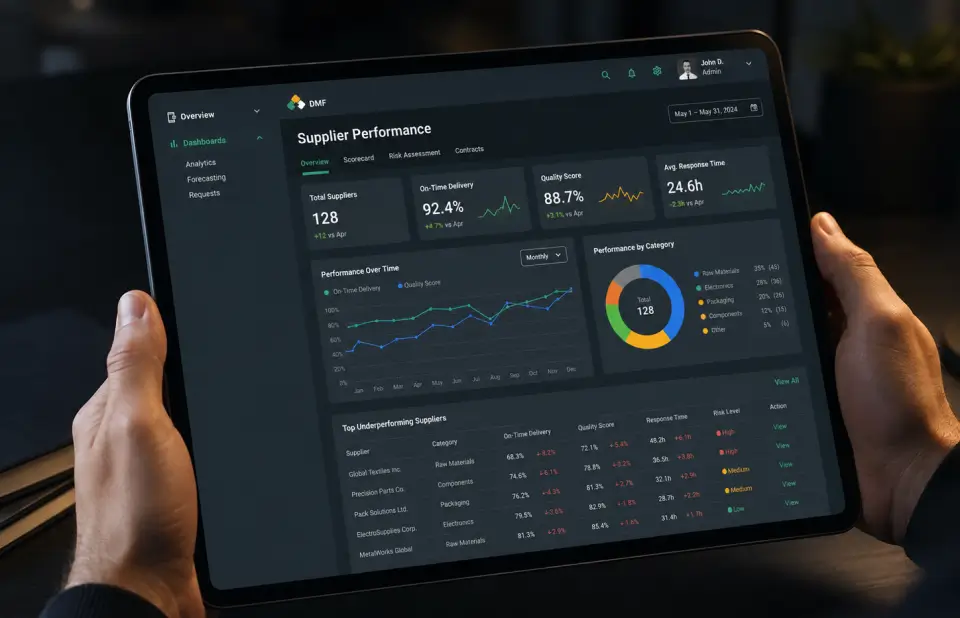 Supplier performance dashboard on a tablet: total suppliers, on-time delivery, quality score, and a performance chart