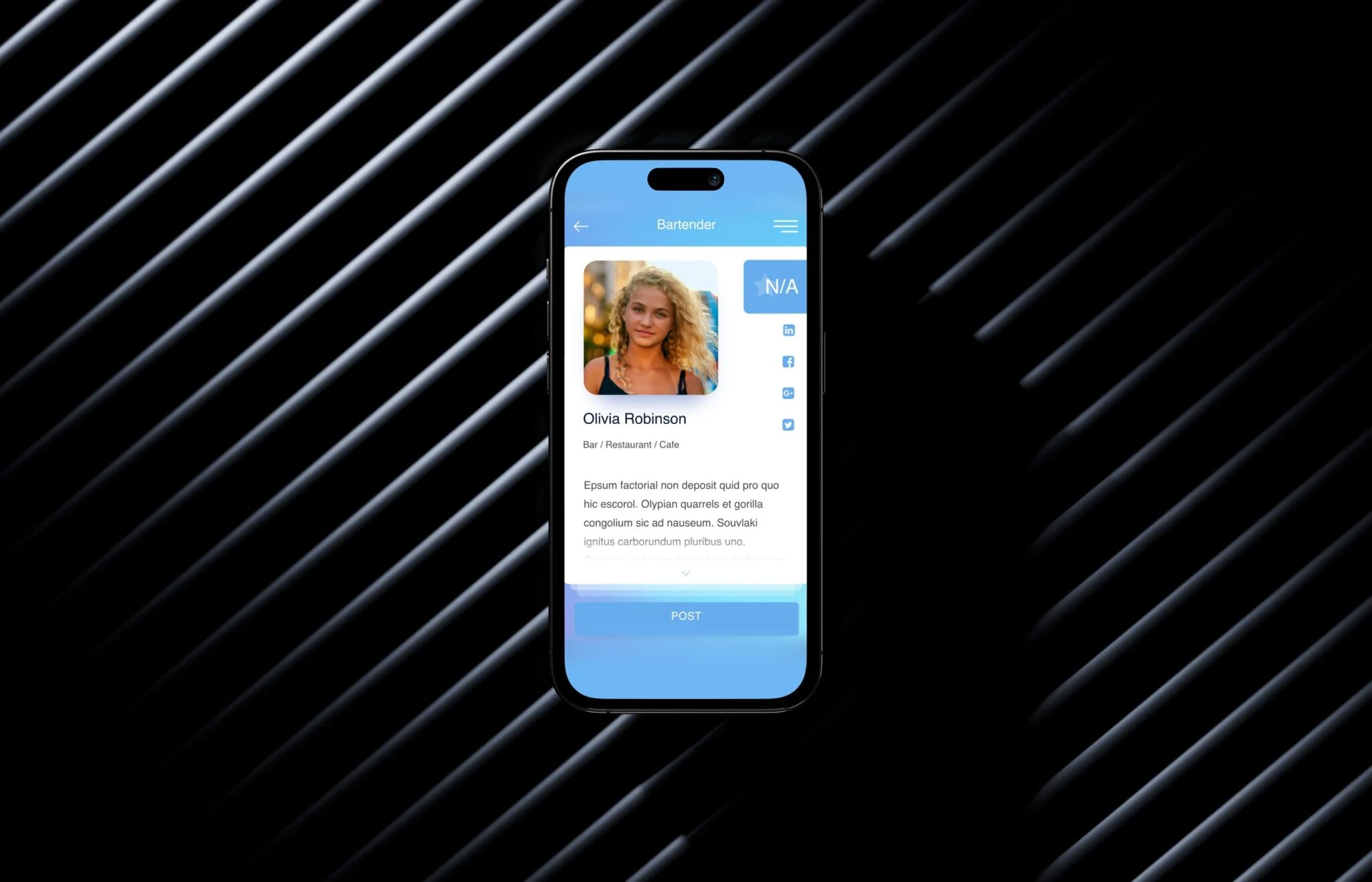 Phone showing a swipe-based candidate profile card with a photo, headline and match action