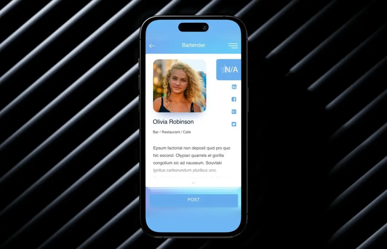 Switchin mobile candidate profile for a bartender with photo, social links and a description
