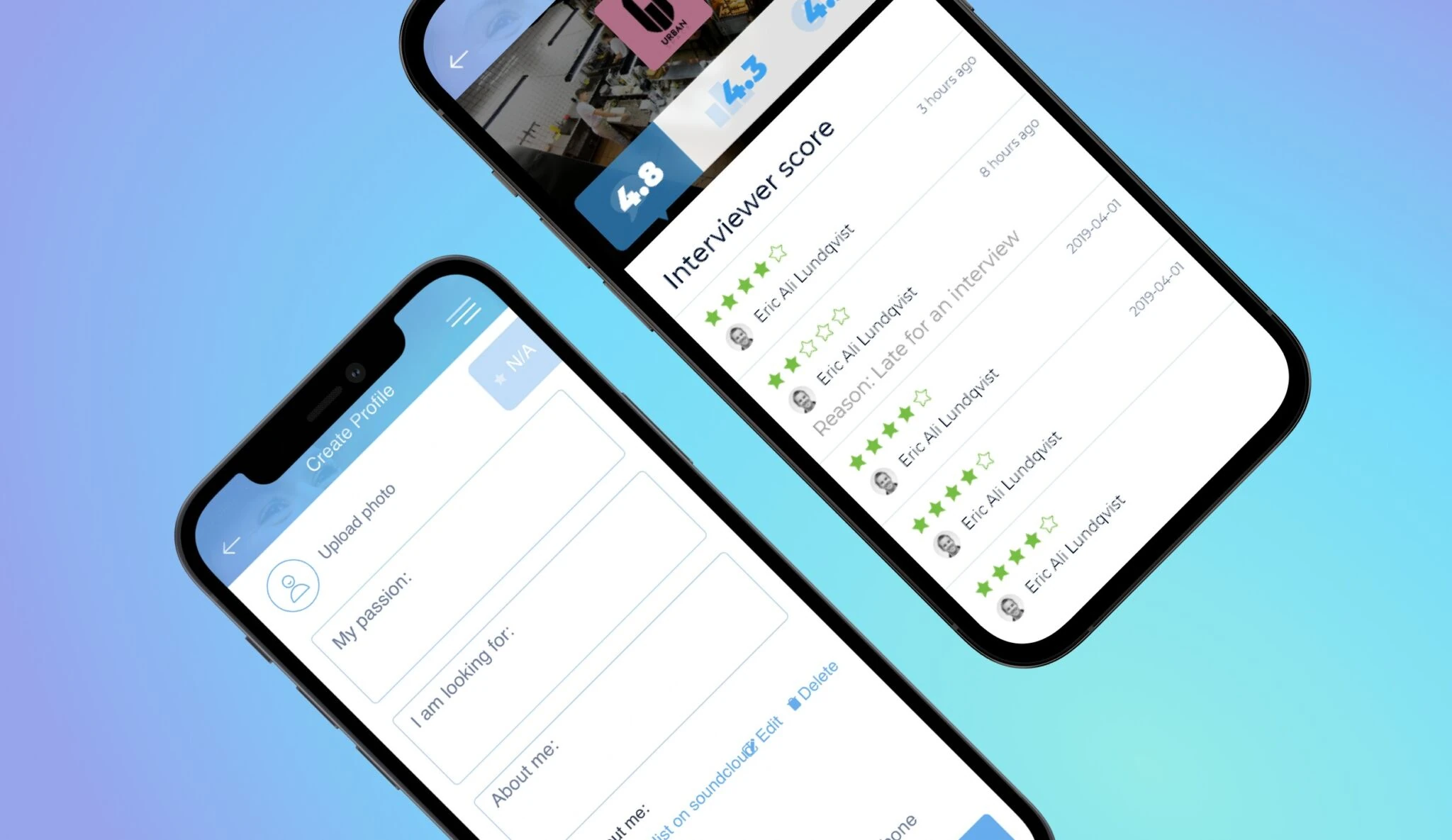 Two Switchin app screens: an interviewer score list with star ratings and reasons, and a create-profile form