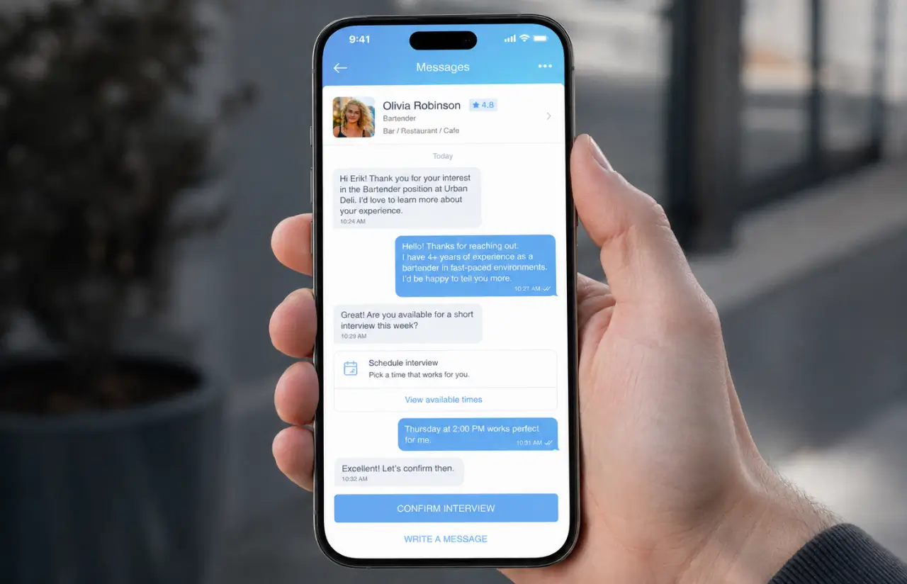 Switchin in-app messaging between a recruiter and a candidate with a schedule-interview action and confirm-interview button