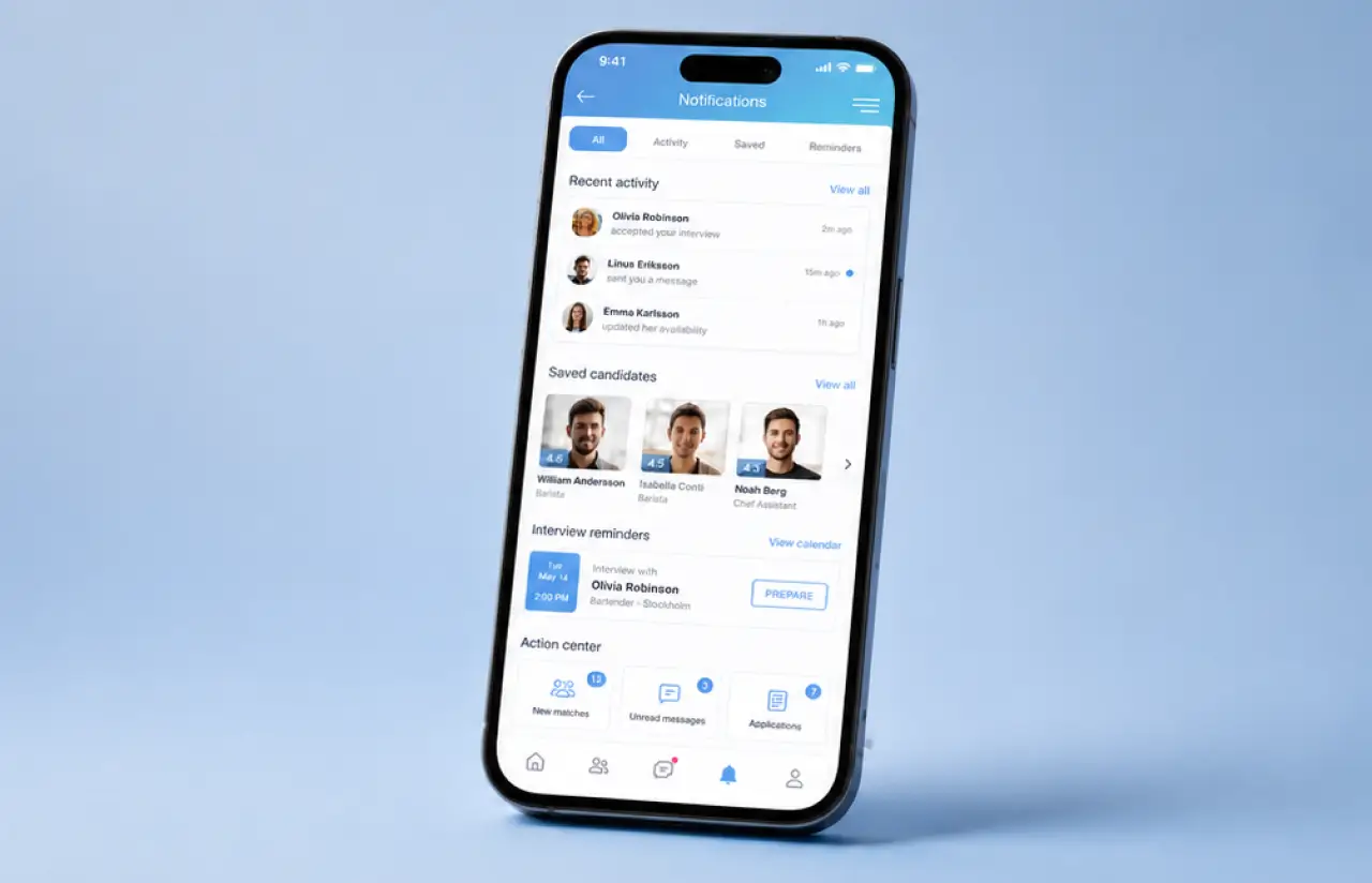 Switchin mobile notifications screen with recent activity, saved candidates, interview reminders and an action center