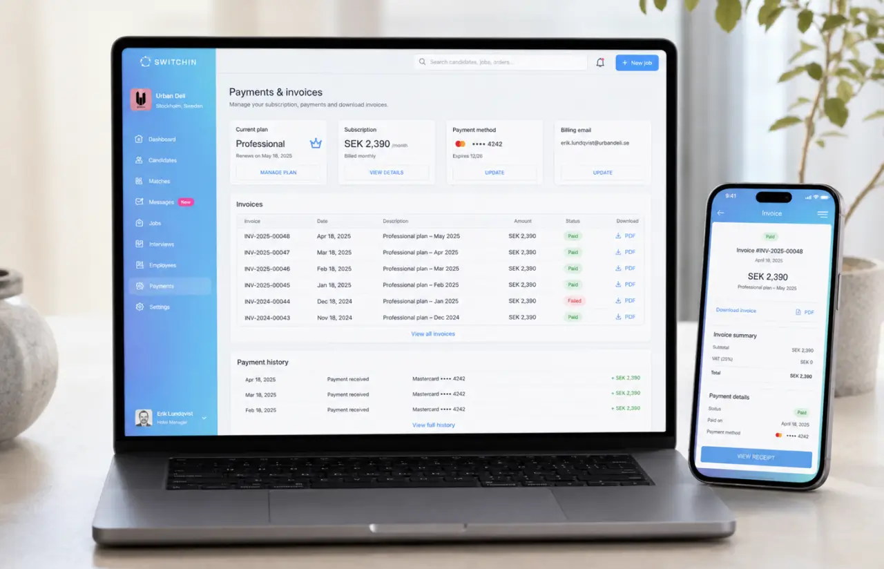 Switchin billing screen with subscription plan, invoices table and payment history on desktop and an invoice detail on mobile