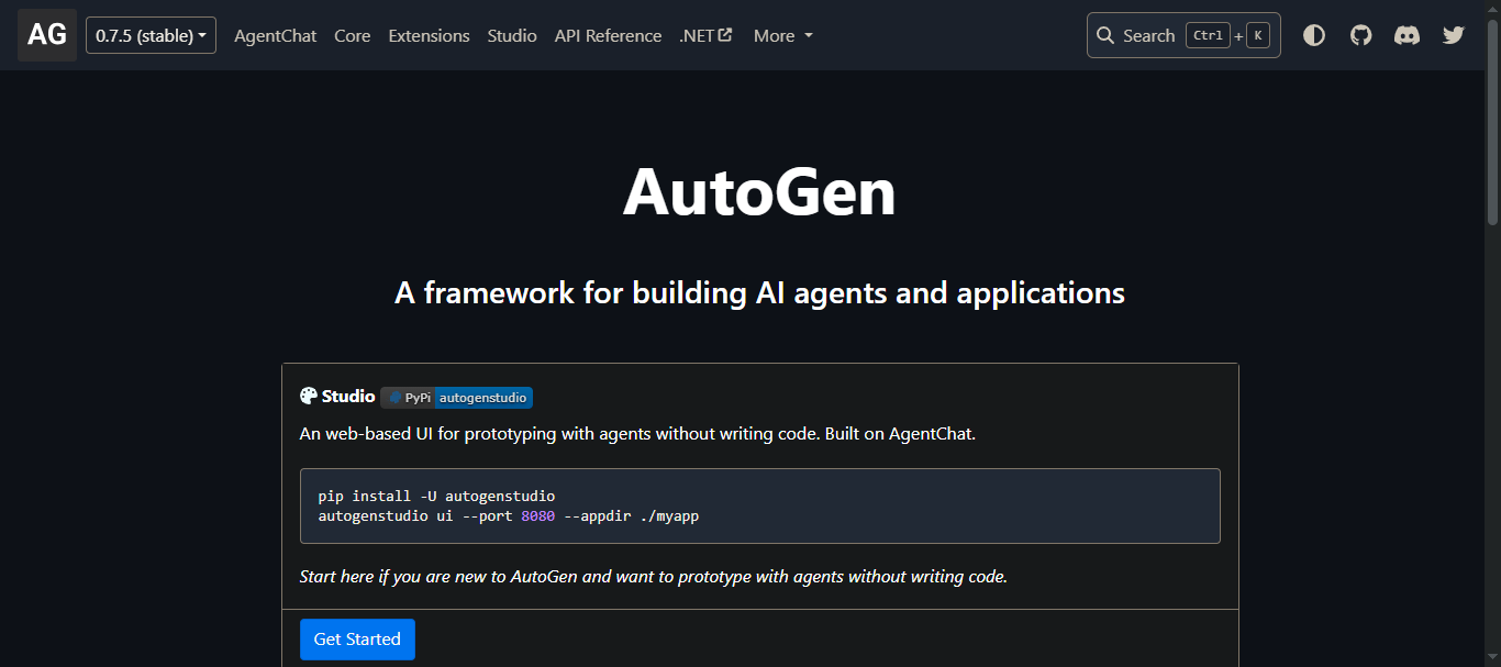 AutoGen framework homepage — 'A framework for building AI agents and applications' — with an AutoGen Studio pip install snippet.