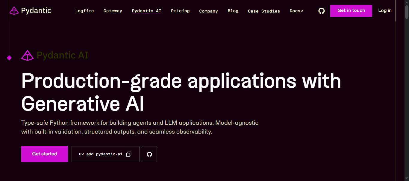 Pydantic AI homepage — 'Production-grade applications with Generative AI' — a type-safe Python framework for agents.