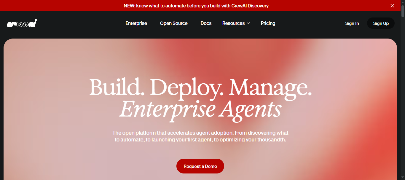 CrewAI homepage headlined 'Build. Deploy. Manage. Enterprise Agents', an open platform for building and scaling agents.