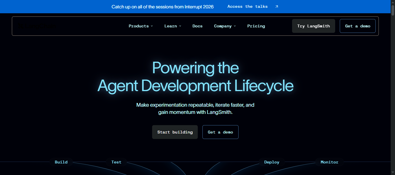 LangChain LangSmith homepage — 'Powering the Agent Development Lifecycle' — showing Build, Test, Deploy and Monitor stages.
