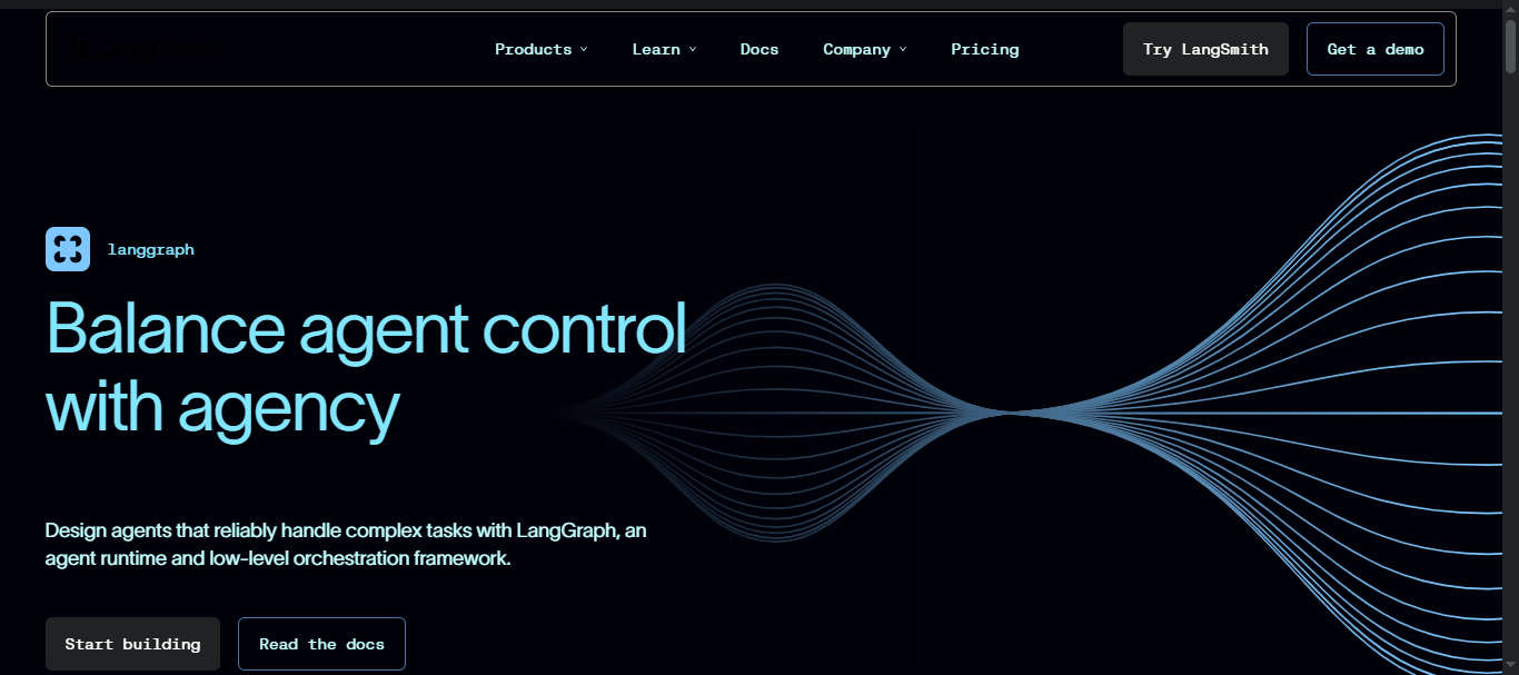 LangGraph landing page — 'Balance agent control with agency' — an agent runtime and low-level orchestration framework.