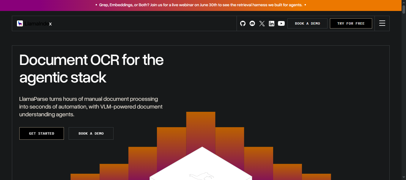 LlamaIndex homepage — 'Document OCR for the agentic stack' — featuring LlamaParse VLM-powered document understanding.