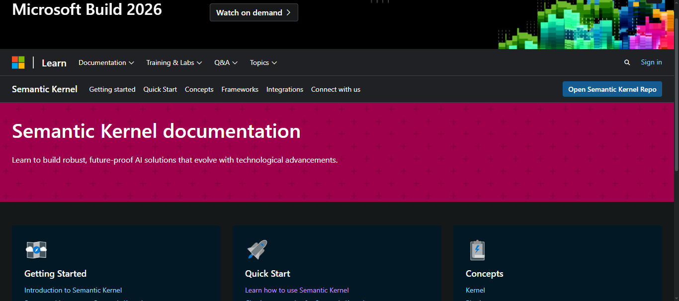 Microsoft Semantic Kernel documentation homepage with Getting Started, Quick Start and Concepts cards.