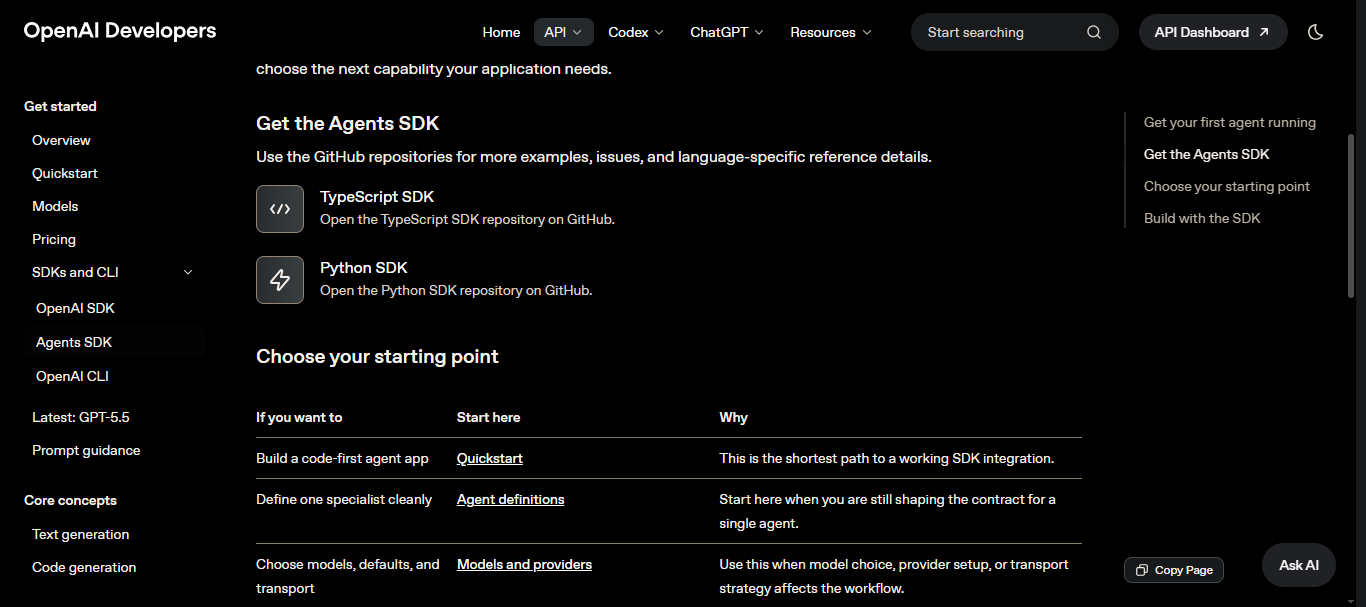 OpenAI Agents SDK documentation showing TypeScript and Python SDK repository links and a starting-point table.