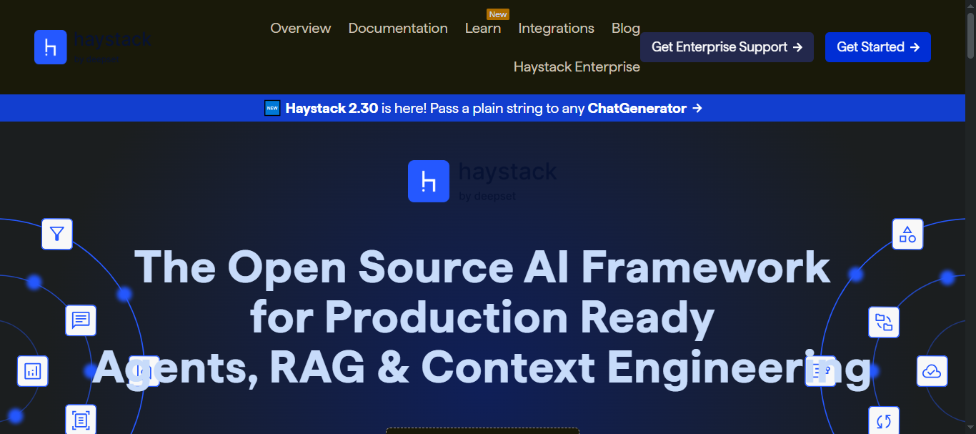 Haystack by deepset homepage — 'The Open Source AI Framework for Production Ready Agents, RAG & Context Engineering'.
