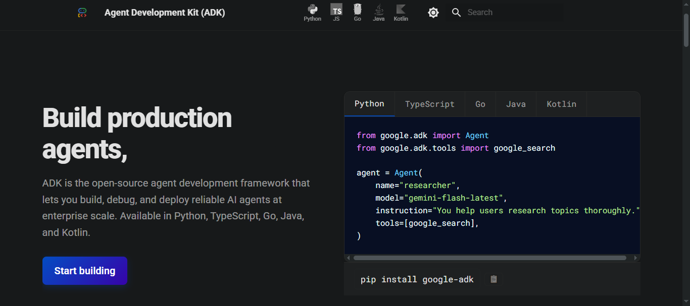 Google Agent Development Kit (ADK) page — 'Build production agents' — with a Python snippet importing google.adk Agent.