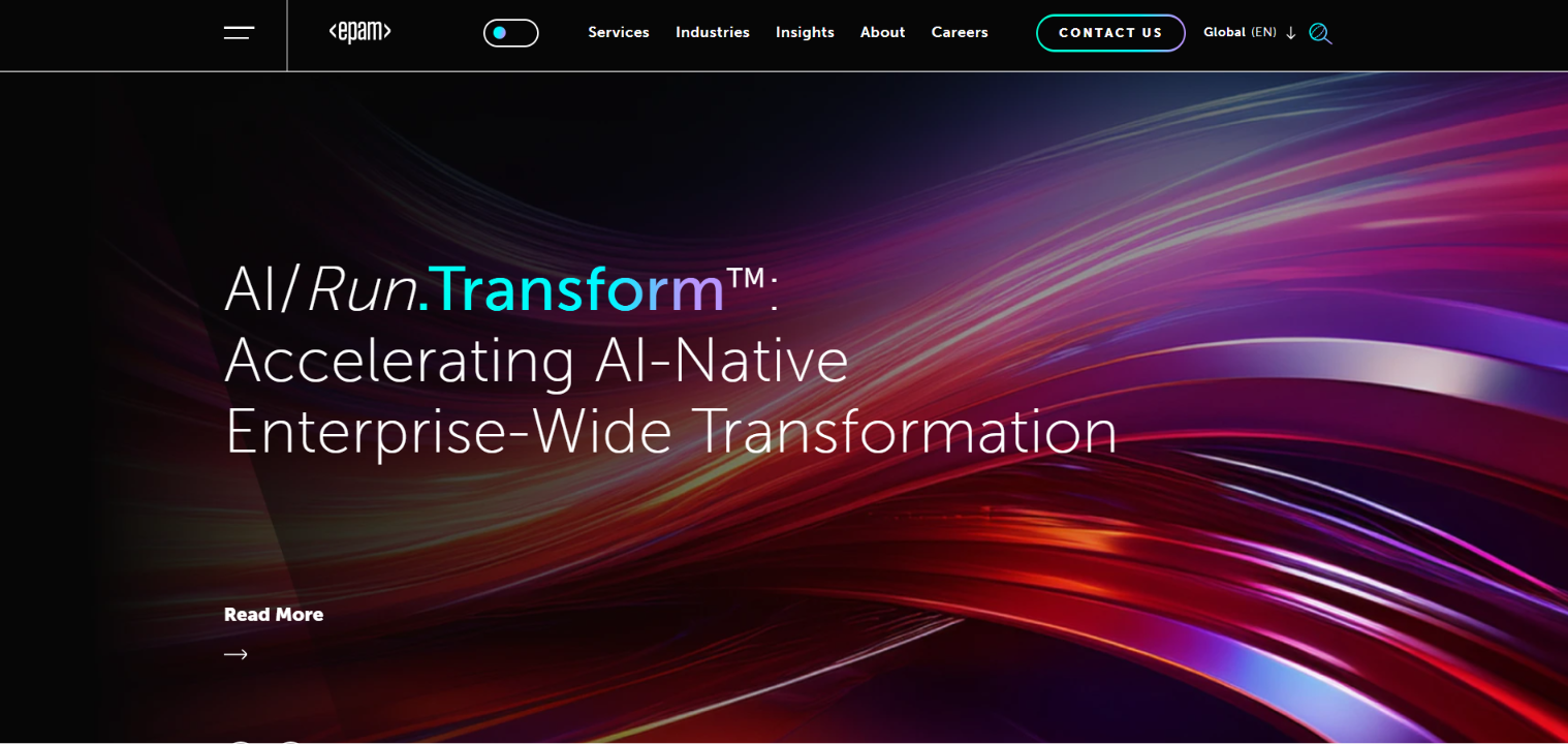 EPAM homepage hero: 'AI/Run.Transform: Accelerating AI-Native Enterprise-Wide Transformation' over a colorful light-streak background.