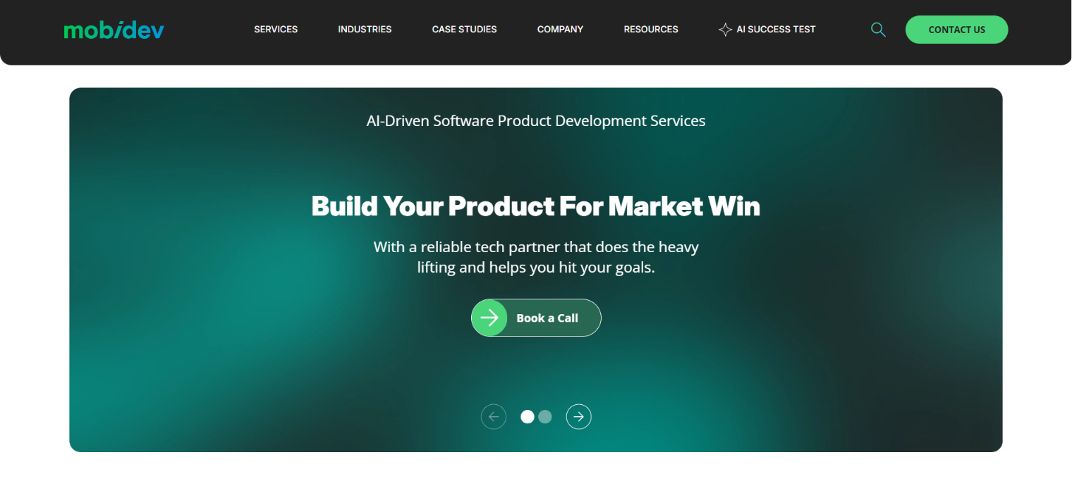 MobiDev homepage hero banner 'Build Your Product For Market Win' for AI-driven software product development services.