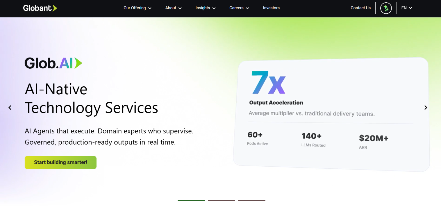 Globant homepage hero: 'AI-Native Technology Services' with a Glob.AI card showing 7x output acceleration, 60+ pods and 140+ LLMs routed.