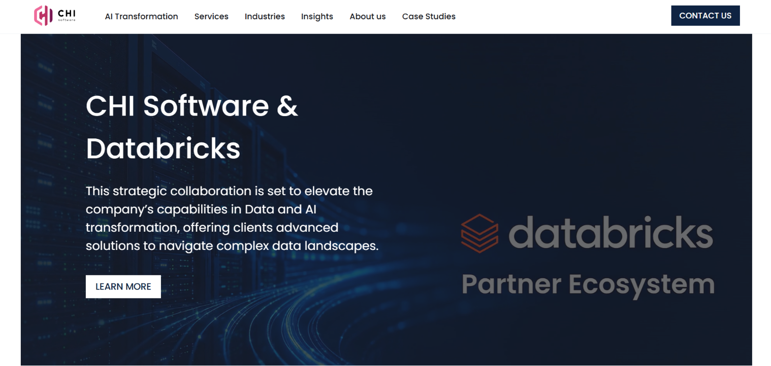 CHI Software homepage banner announcing the CHI Software and Databricks partnership for data and AI transformation.