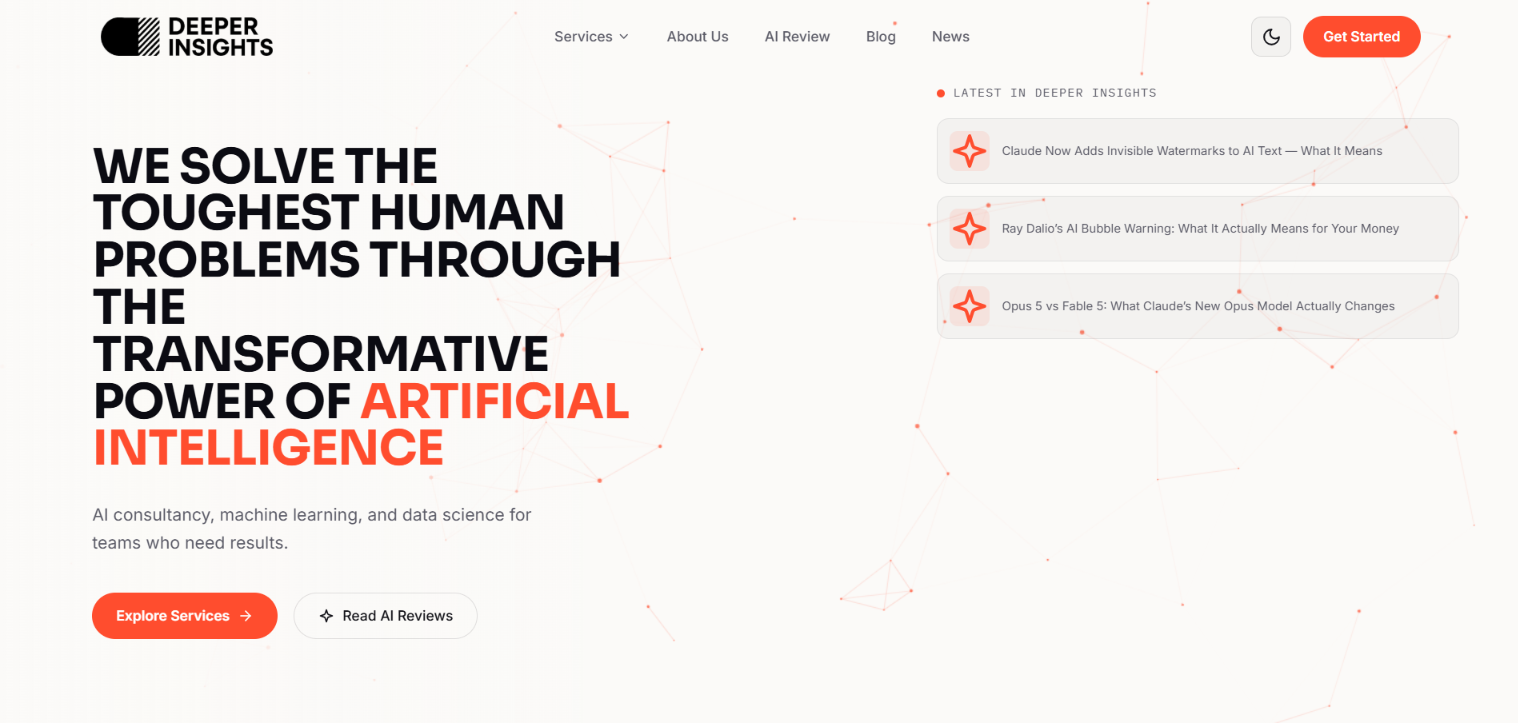 Deeper Insights homepage hero about solving human problems through artificial intelligence, an AI consultancy and data science firm.