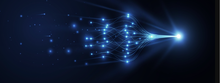 Glowing blue neural network of nodes and connections converging into a single point of light
