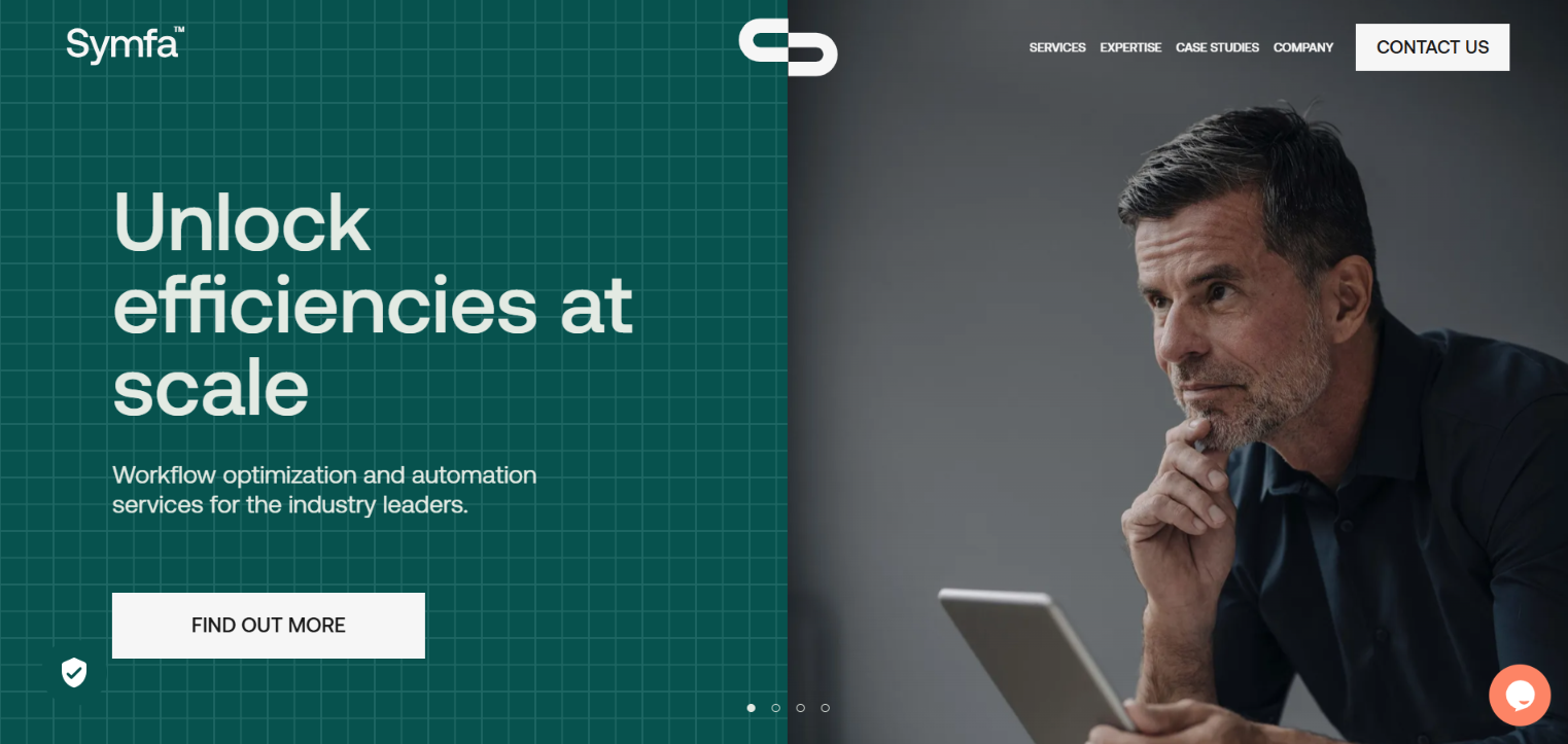 Symfa website homepage: workflow optimization and automation services under the Unlock efficiencies at scale headline