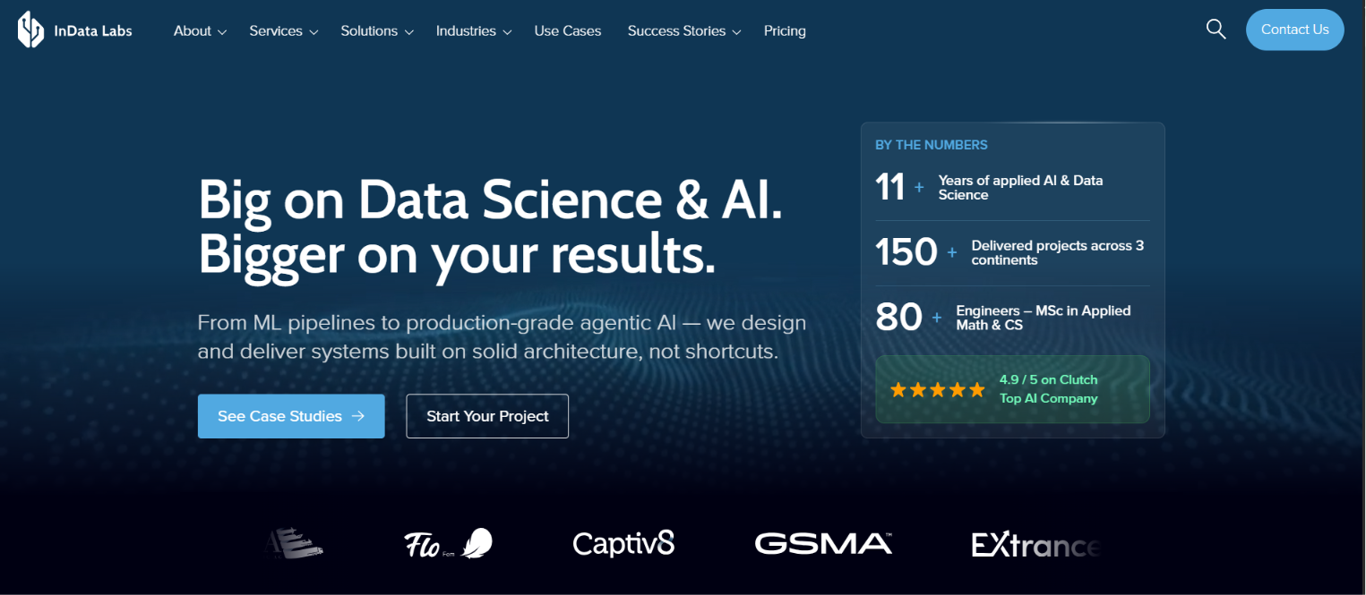InData Labs website homepage highlighting 11 years in AI, 150 projects and a 4.9/5 Clutch rating