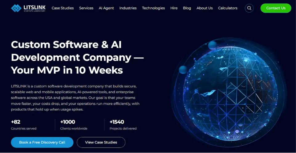 LITSLINK website homepage: custom software and AI development company promising an MVP in 10 weeks