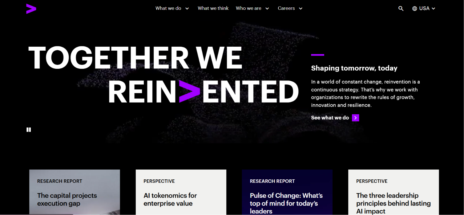 Accenture website homepage with the Together We Reinvented headline and research report cards