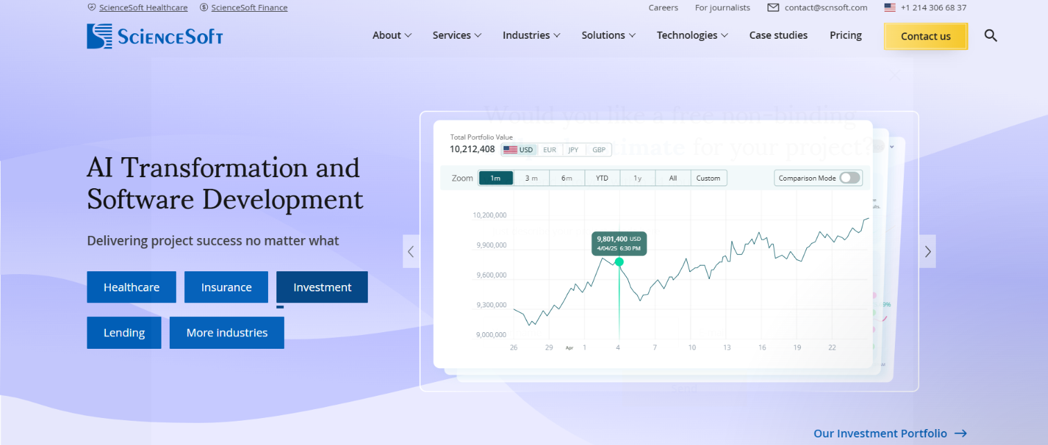ScienceSoft website homepage showing AI transformation and software development for finance industries