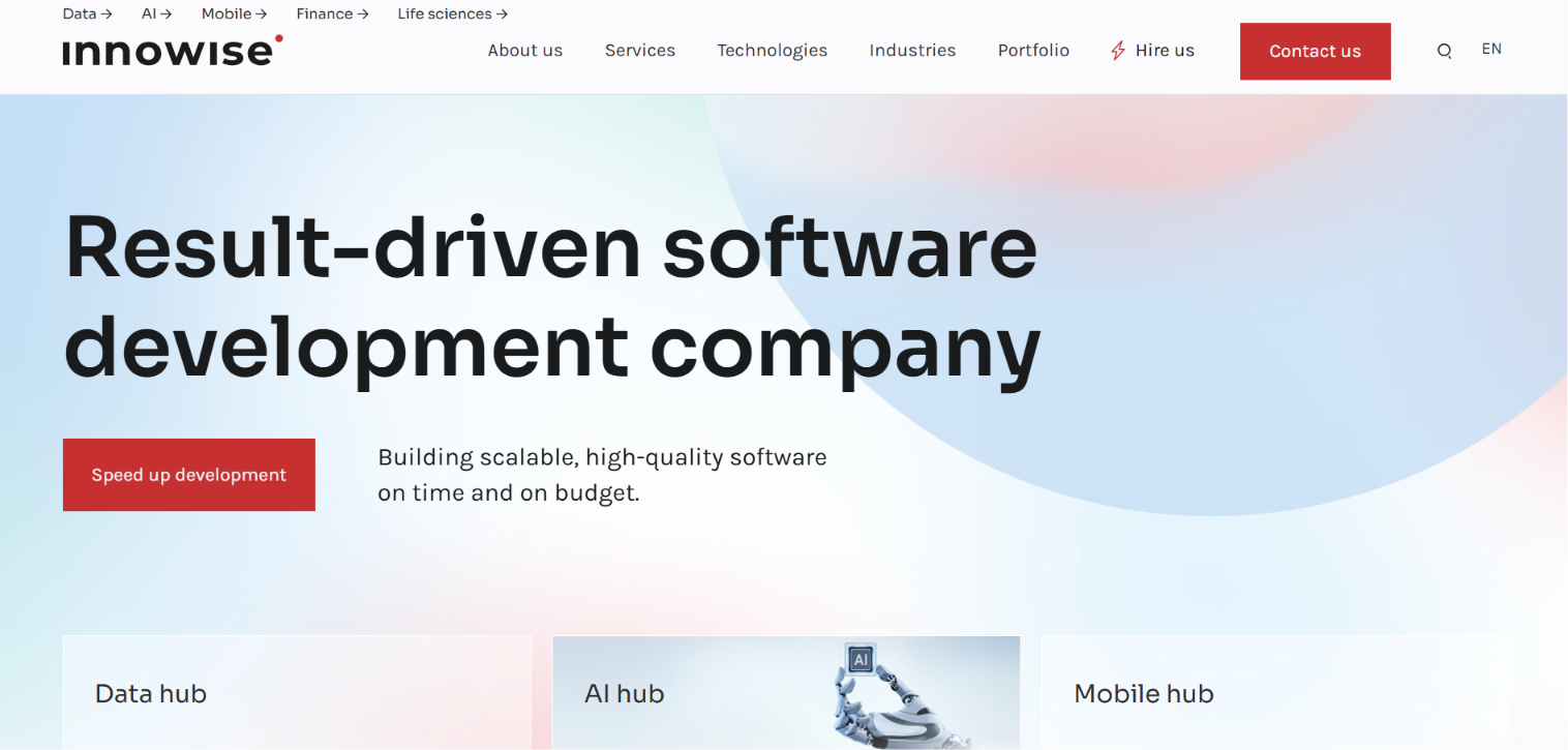 Innowise website homepage: result-driven software development company with data, AI and mobile hubs