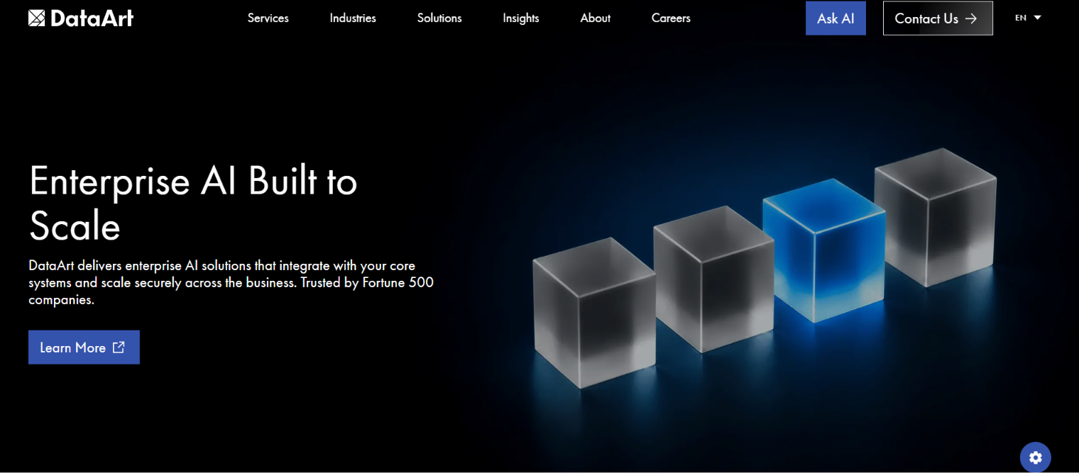 DataArt website homepage promoting Enterprise AI Built to Scale with glowing cube graphics