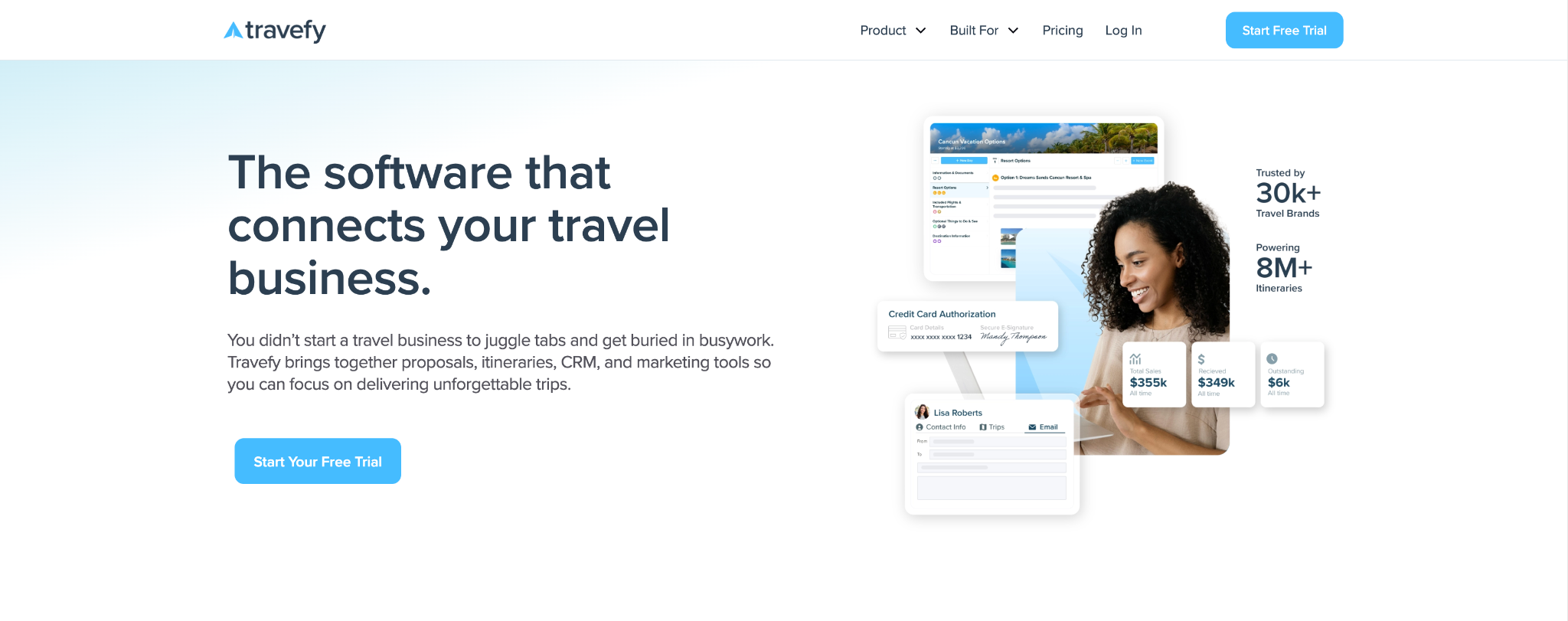 Travefy homepage 'The software that connects your travel business', showing a client trip proposal, credit-card authorization and a sales dashboard