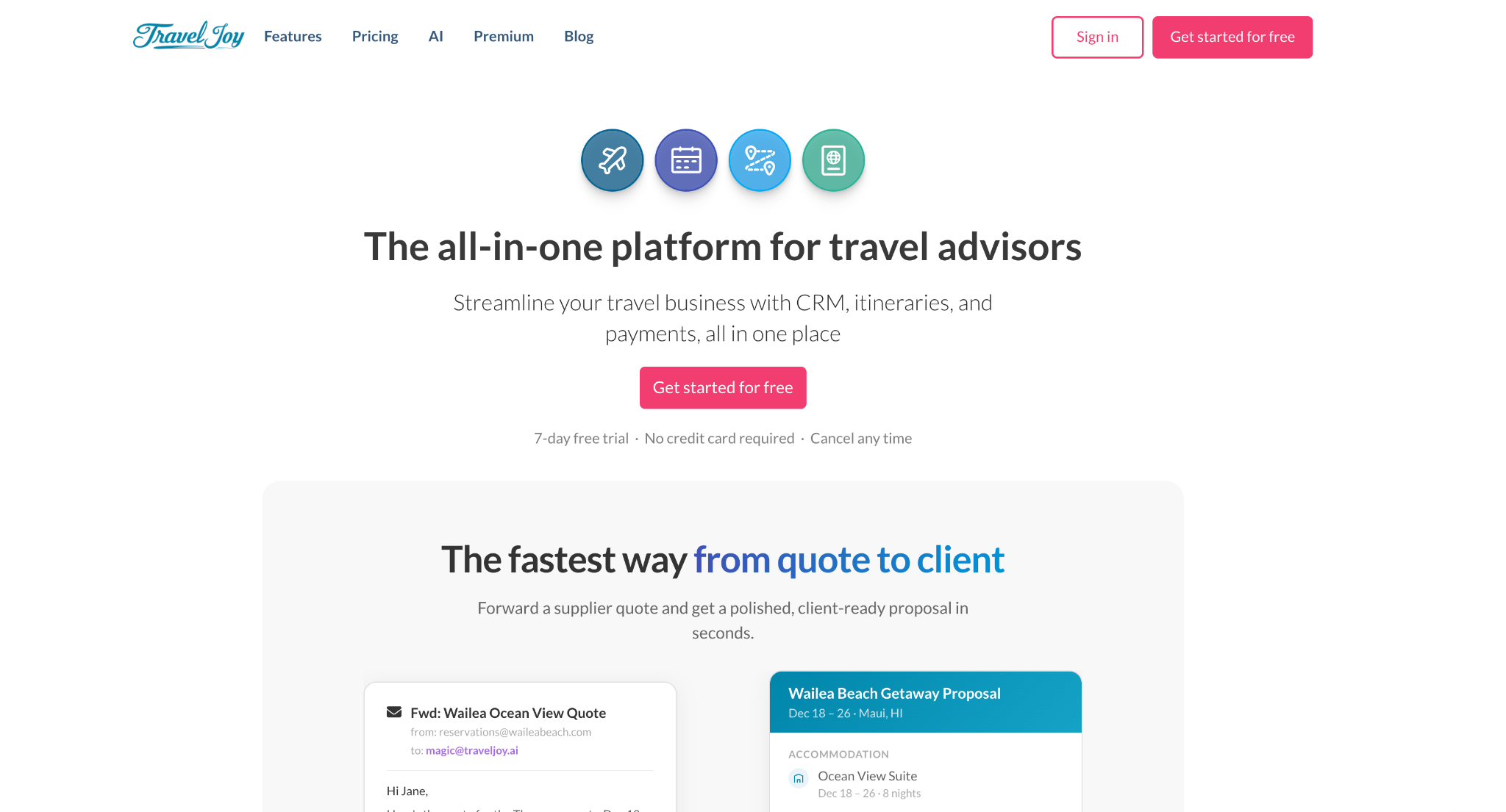Travel Joy homepage 'The all-in-one platform for travel advisors', turning a supplier quote into a client-ready trip proposal