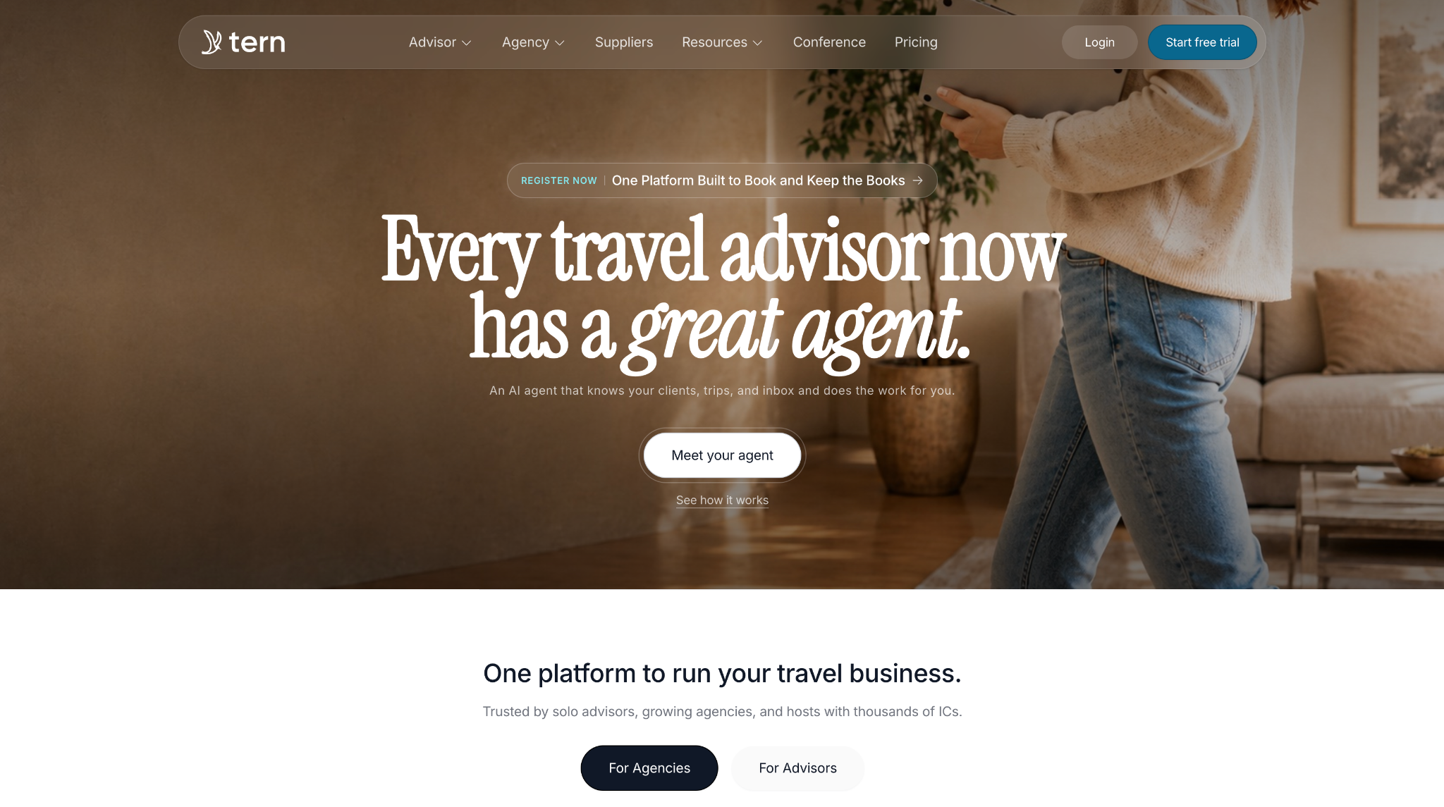 Tern homepage 'Every travel advisor now has a great agent' — an AI agent that knows a travel advisor's clients, trips and inbox