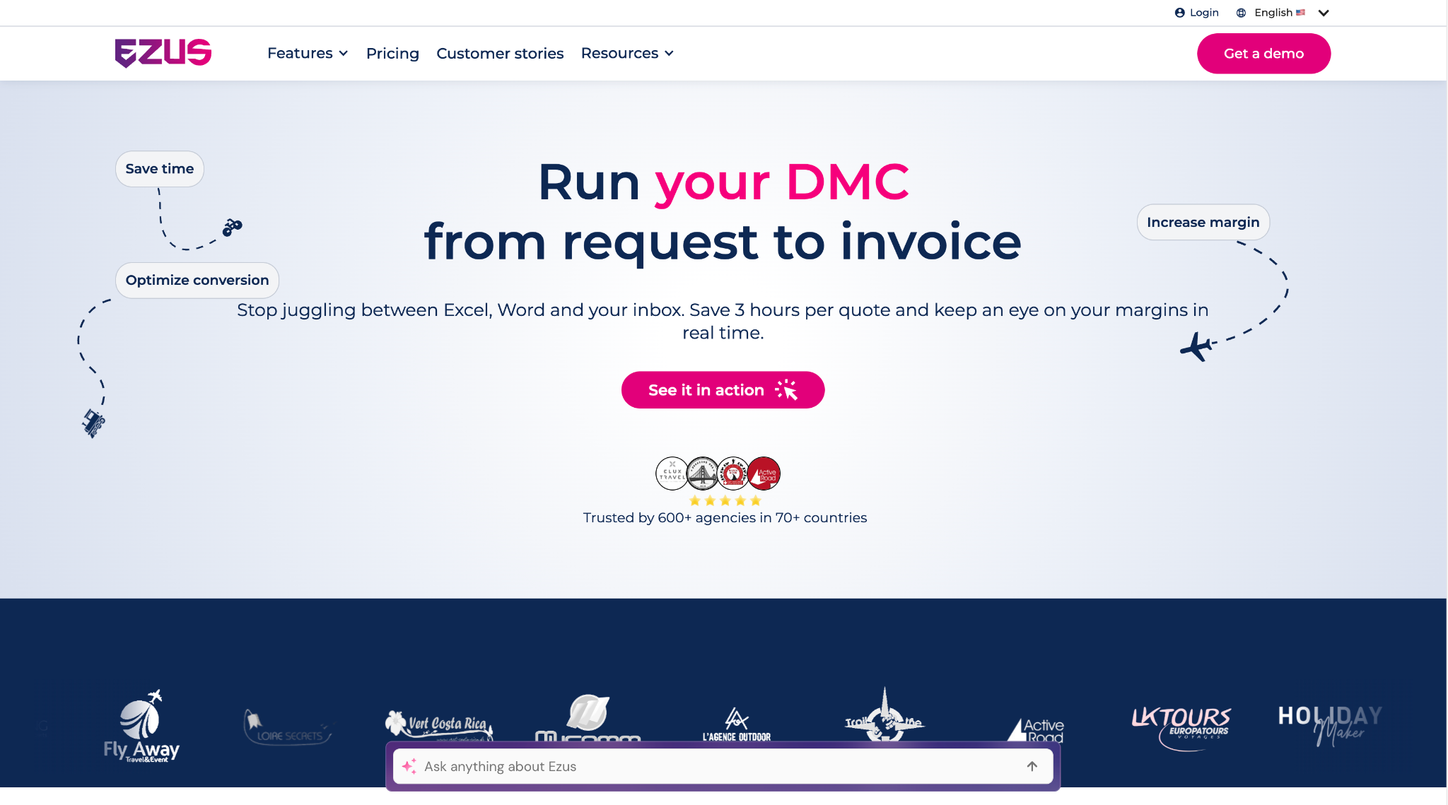 Ezus homepage 'Run your DMC from request to invoice', promising to save 3 hours per quote and track margins in real time