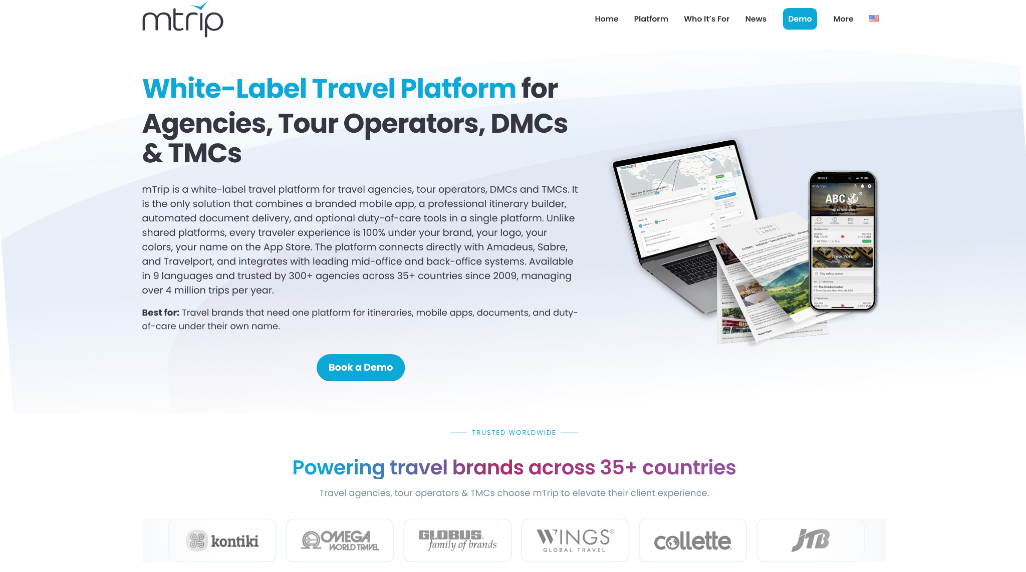 mTrip white-label travel platform page for agencies, tour operators, DMCs and TMCs, with a branded itinerary builder and mobile app