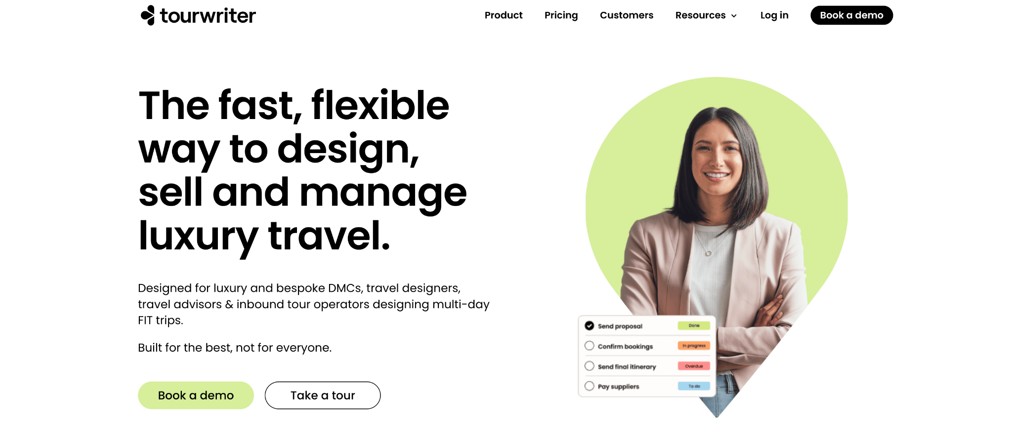 Tourwriter homepage 'The fast, flexible way to design, sell and manage luxury travel', with a trip task checklist