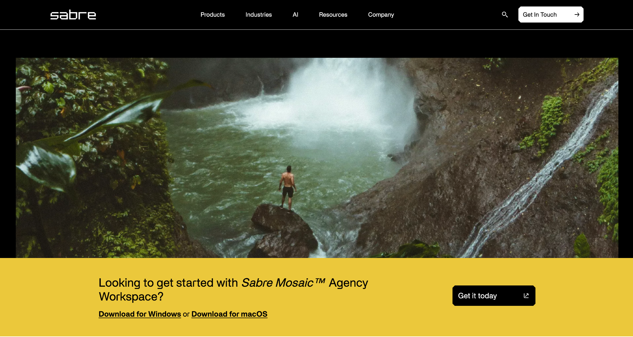 Sabre website featuring a traveller at a jungle waterfall and a banner to download the Sabre Mosaic Agency Workspace